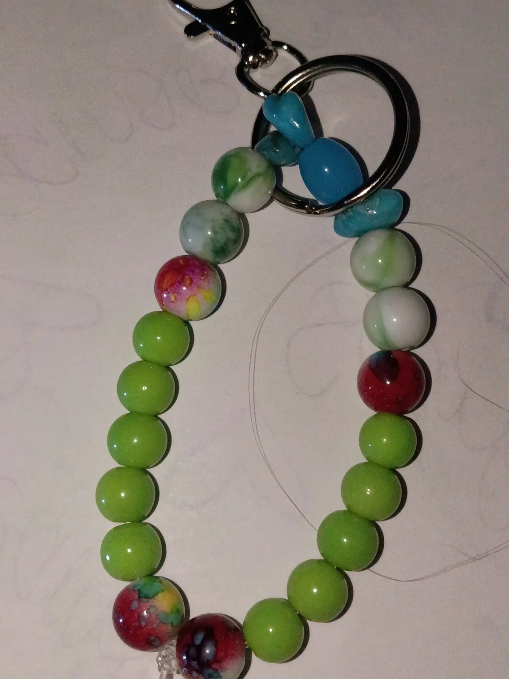 Handmade Green Bead Keychain Bracelet with Multicolor Accent Beads